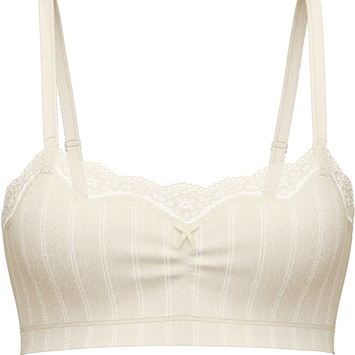 An ivory-colored underwire bra with thin adjustable shoulder straps, delicate lace trim across the neckline, and subtle vertical pinstripes on a solid white background.