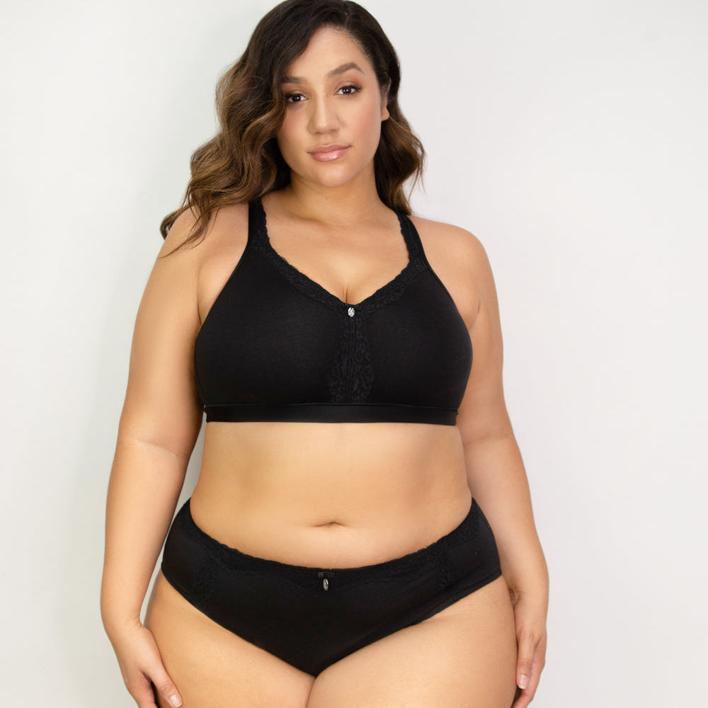 Woman wearing a black bikini set against a plain background