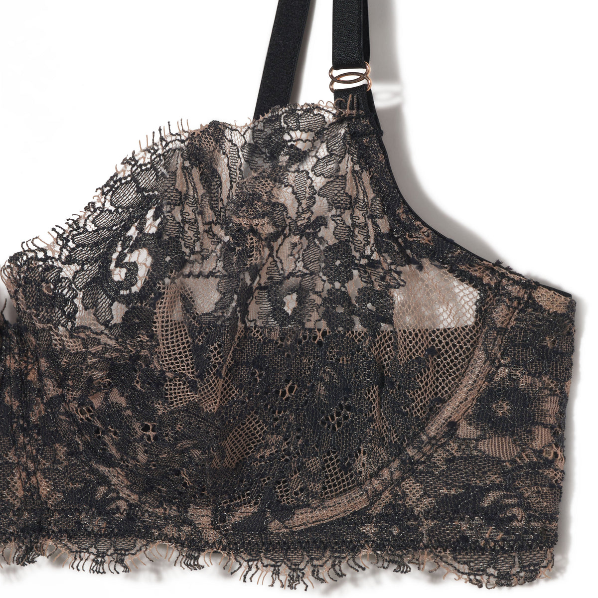 Black lace bra on a white background