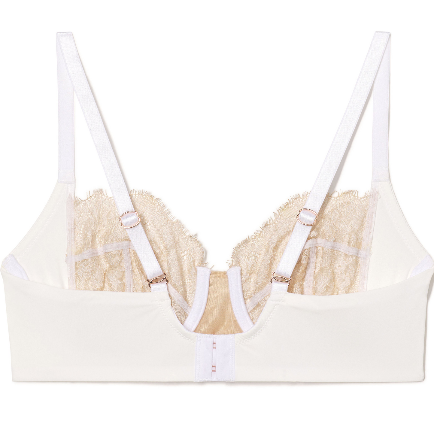 Beige bra with lace details on a white background
