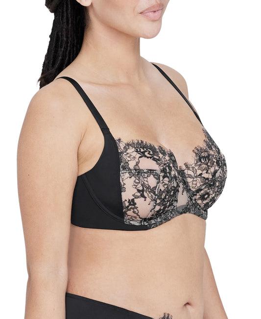 Entice Lace Side Support Balconette Bra - Black/Nylon
