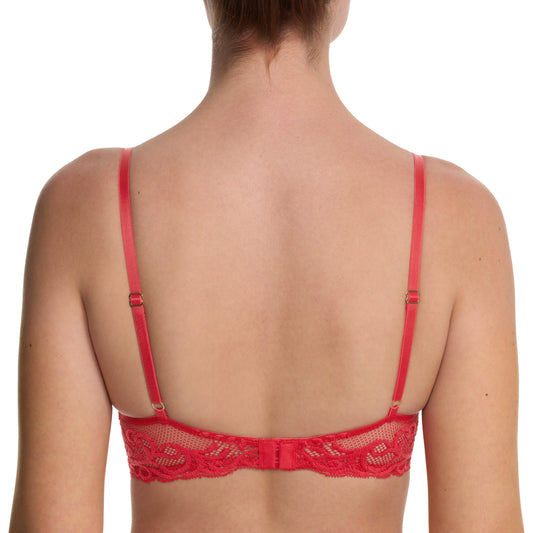 Red lace bra on a white background