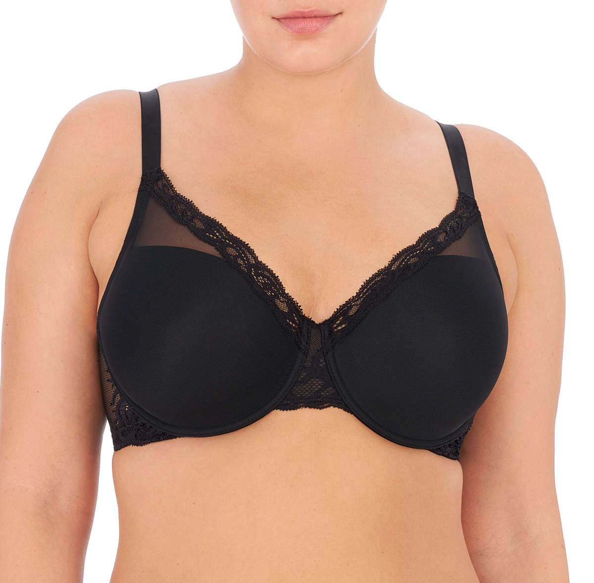 Black bra with lace details on a white background