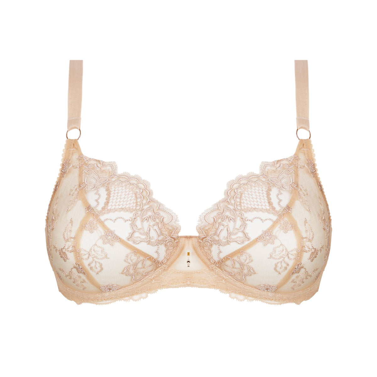 Beige lace bra on a white background