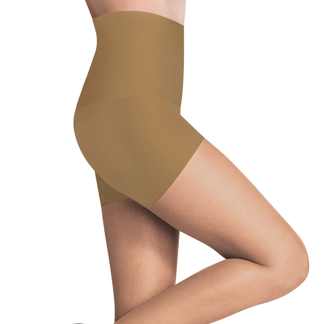 A side view of a person wearing sheer black control top tights and high heels, showcasing the smooth leg finish and high waistband.