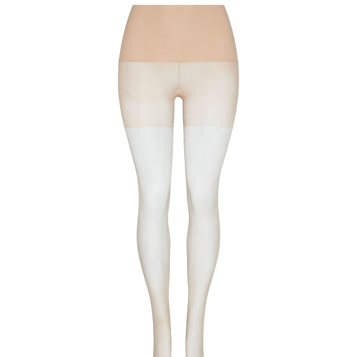 Sheer white tights with beige top on a white background