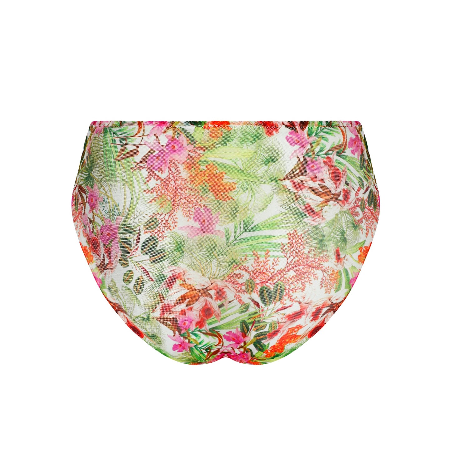 Floral-patterned high-waisted bikini bottom on a white background