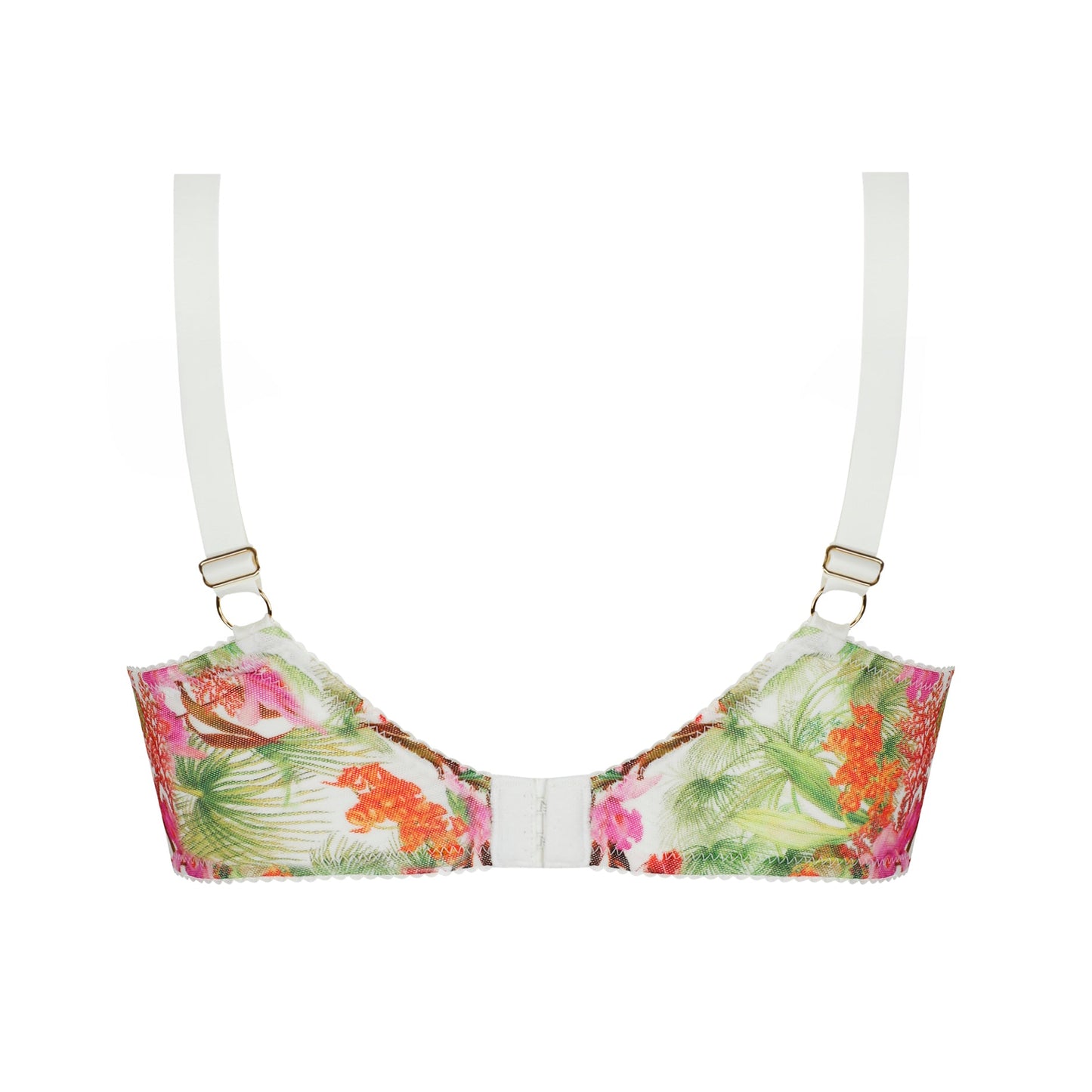Floral-patterned bikini top on a white background
