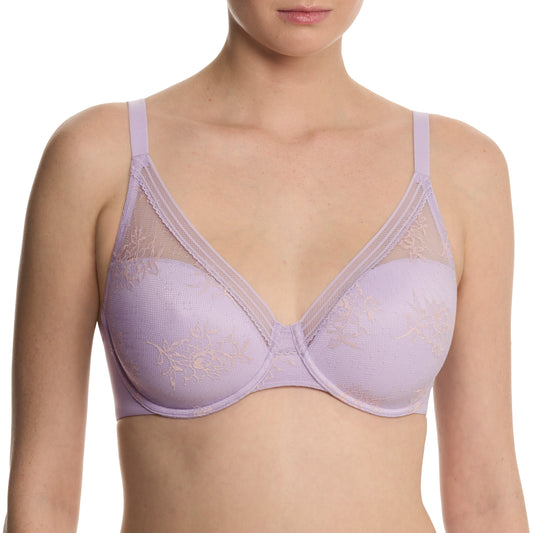 Lavender bra with lace details on a white background