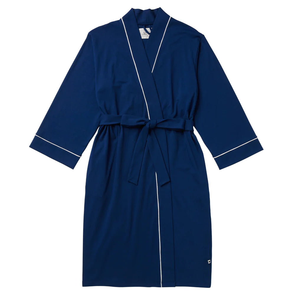Blue robe with white piping on a white background