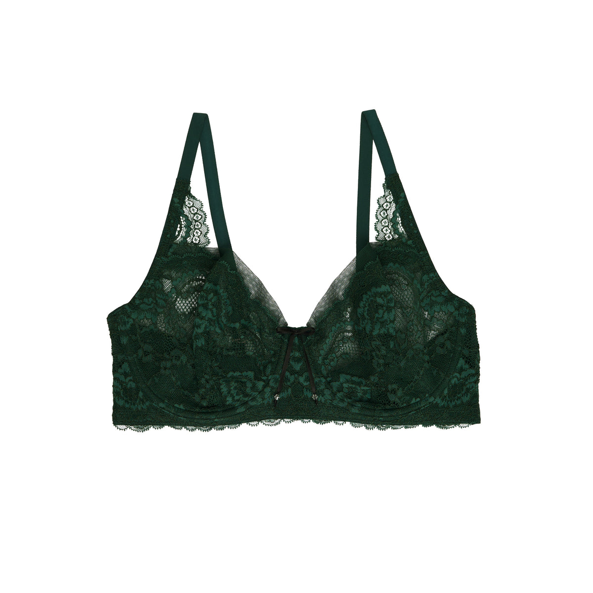 A dark green lace underwire bra with thin shoulder straps and a small front keyhole detail, shown flat against a solid white background.