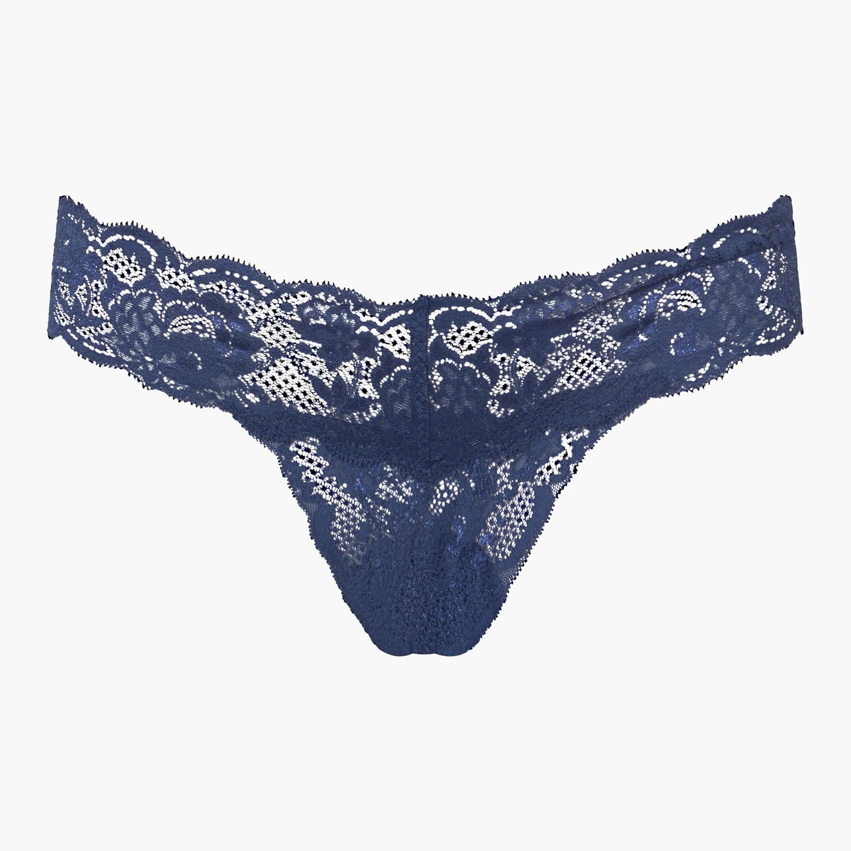 Navy blue lace thong on a white background