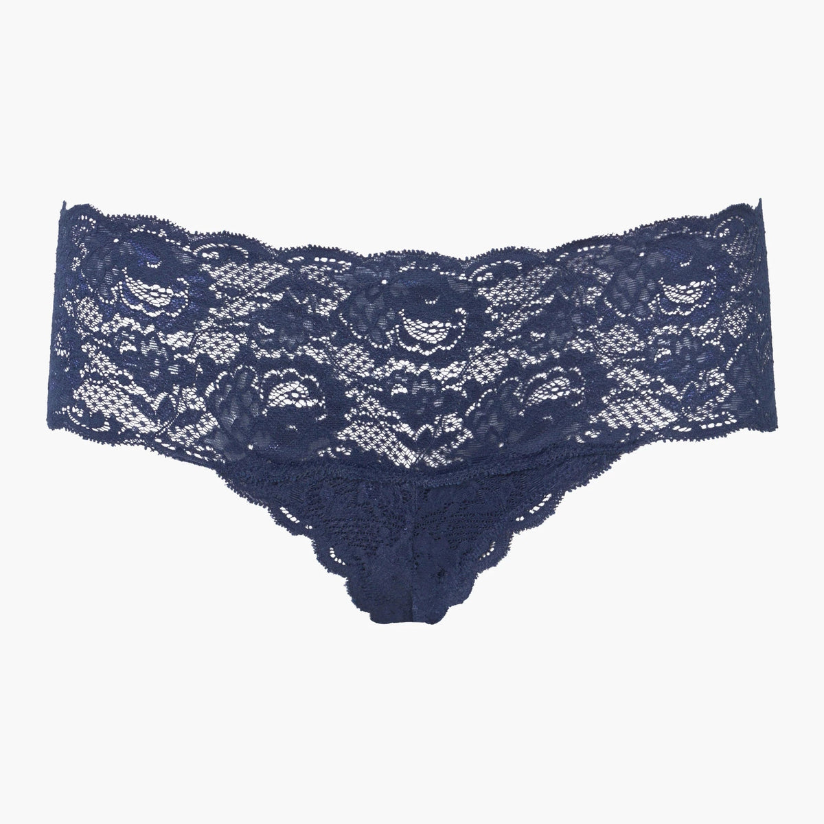 Navy blue lace underwear on a white background