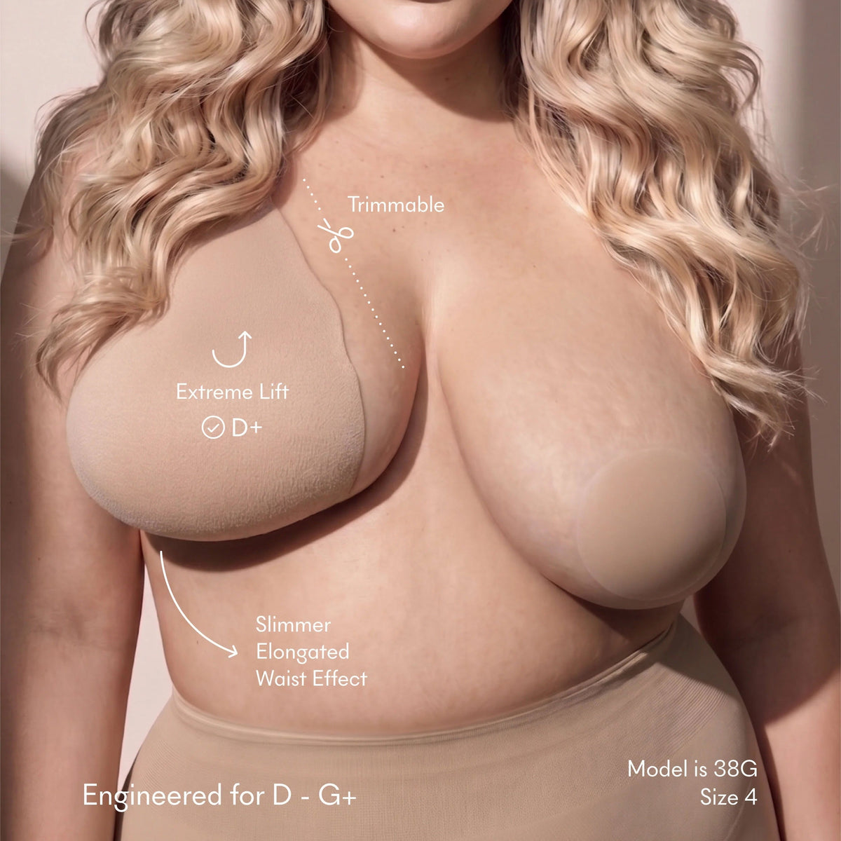 A close-up of a woman wearing a beige wireless bra with text callouts explaining lift and slimmer effects. The image shows the model's upper torso, blonde hair, and part of her face against a soft beige background.