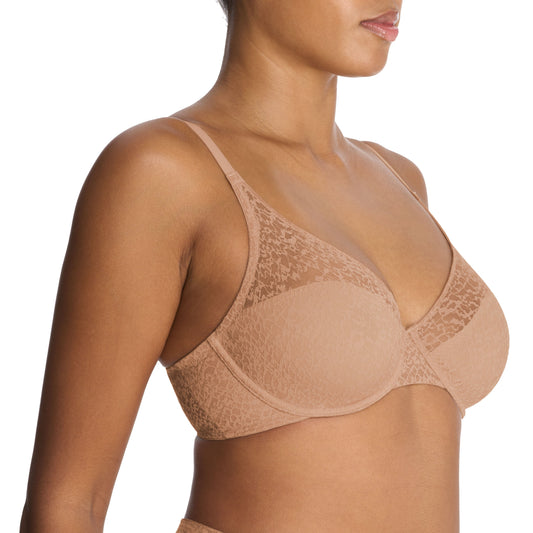 Beige bra and panties set on a white background