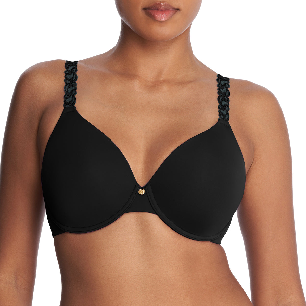 Black bra worn by a model on a white background