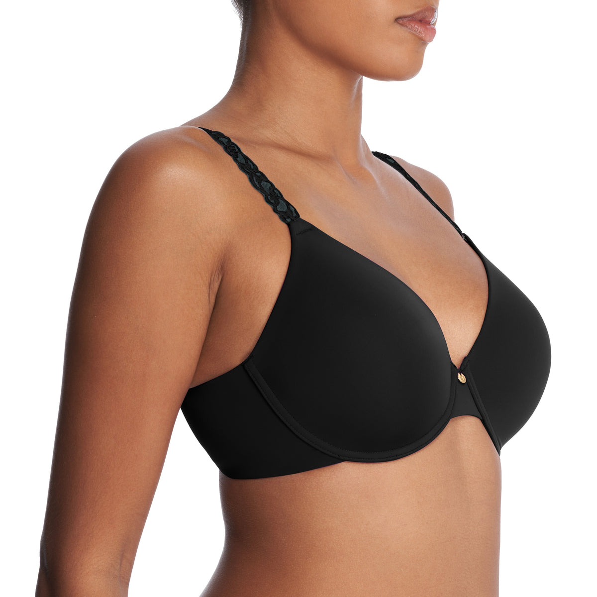 Black bra worn by a model on a white background