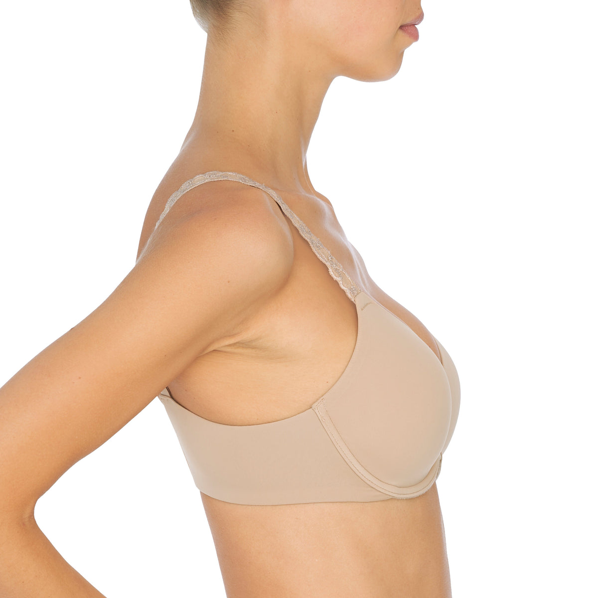 Beige bra worn by a model on a white background