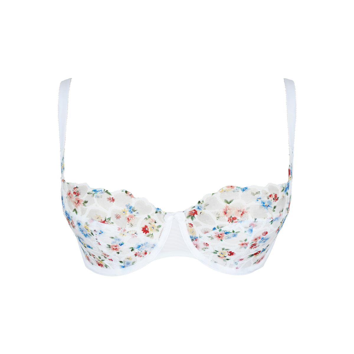 Floral-patterned bikini top on a white background