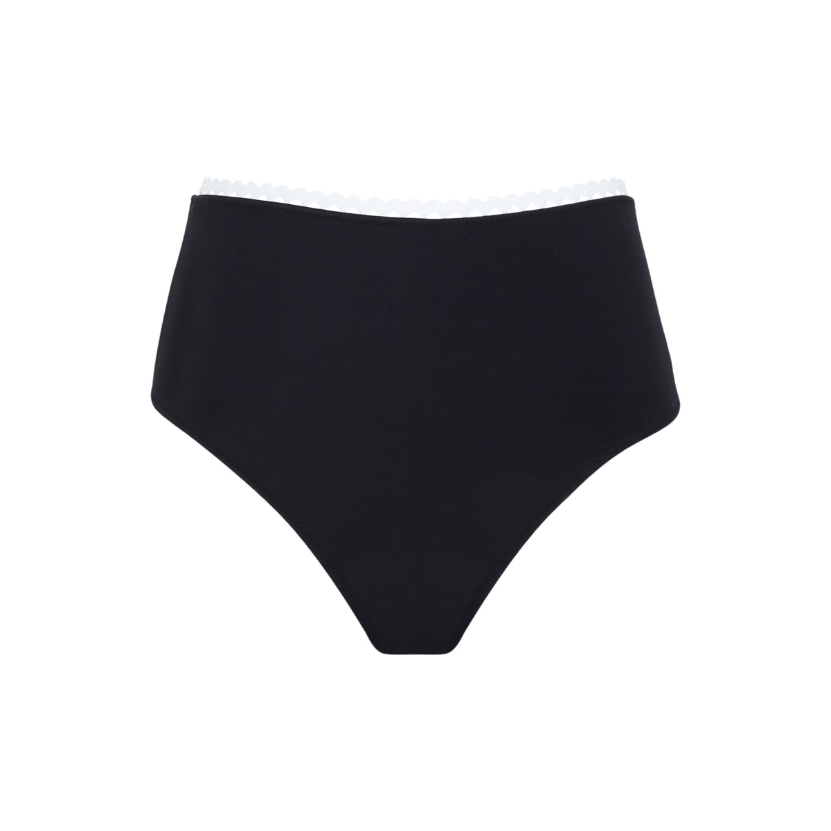 Black high-waisted bikini bottom on a white background