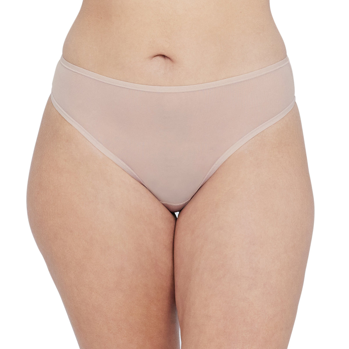Beige underwear worn by a person on a white background