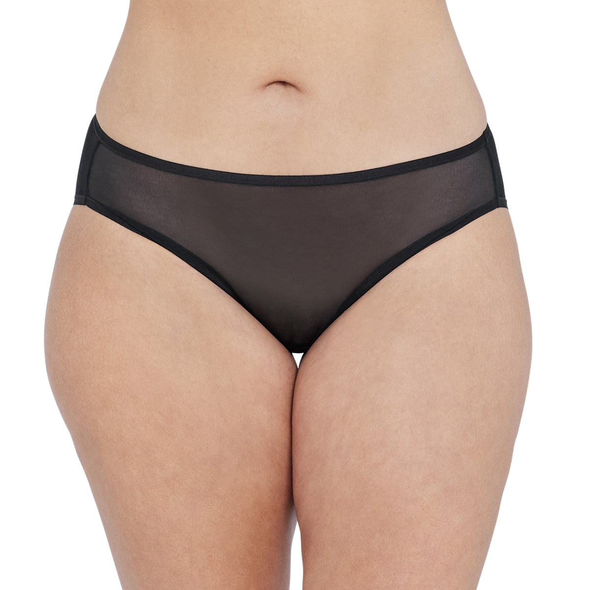 Black sheer underwear worn by a model on a white background