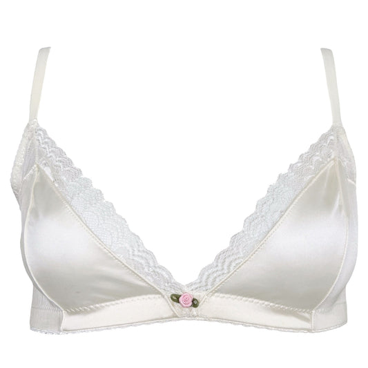 White bra with lace trim on a white background
