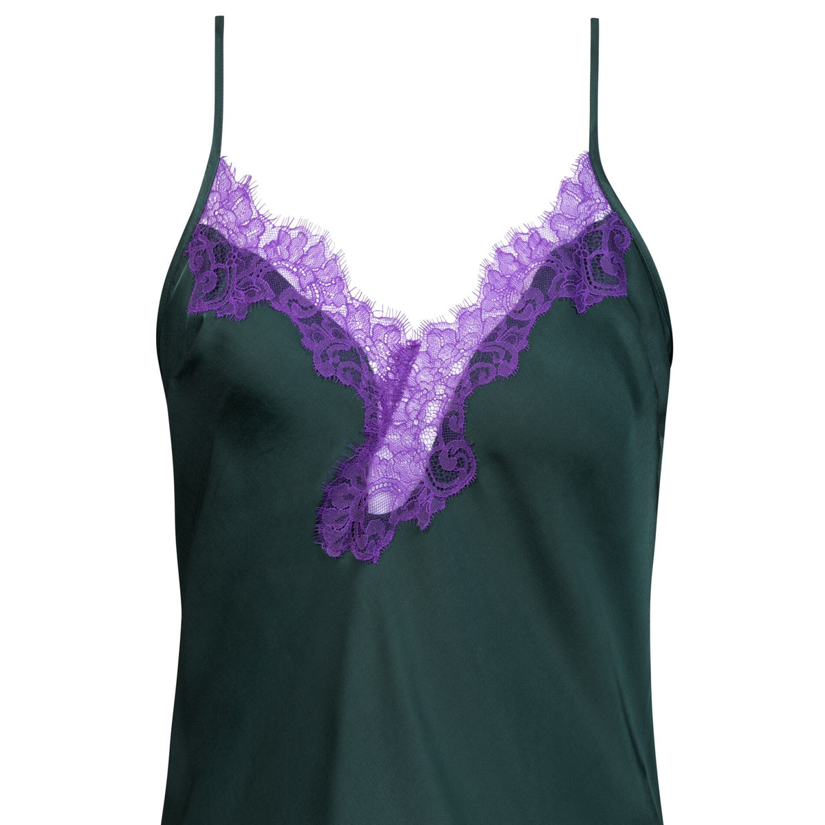 Black satin camisole with purple lace trim on a white background