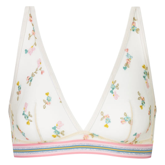 Floral bikini top with a colorful striped trim on a white background