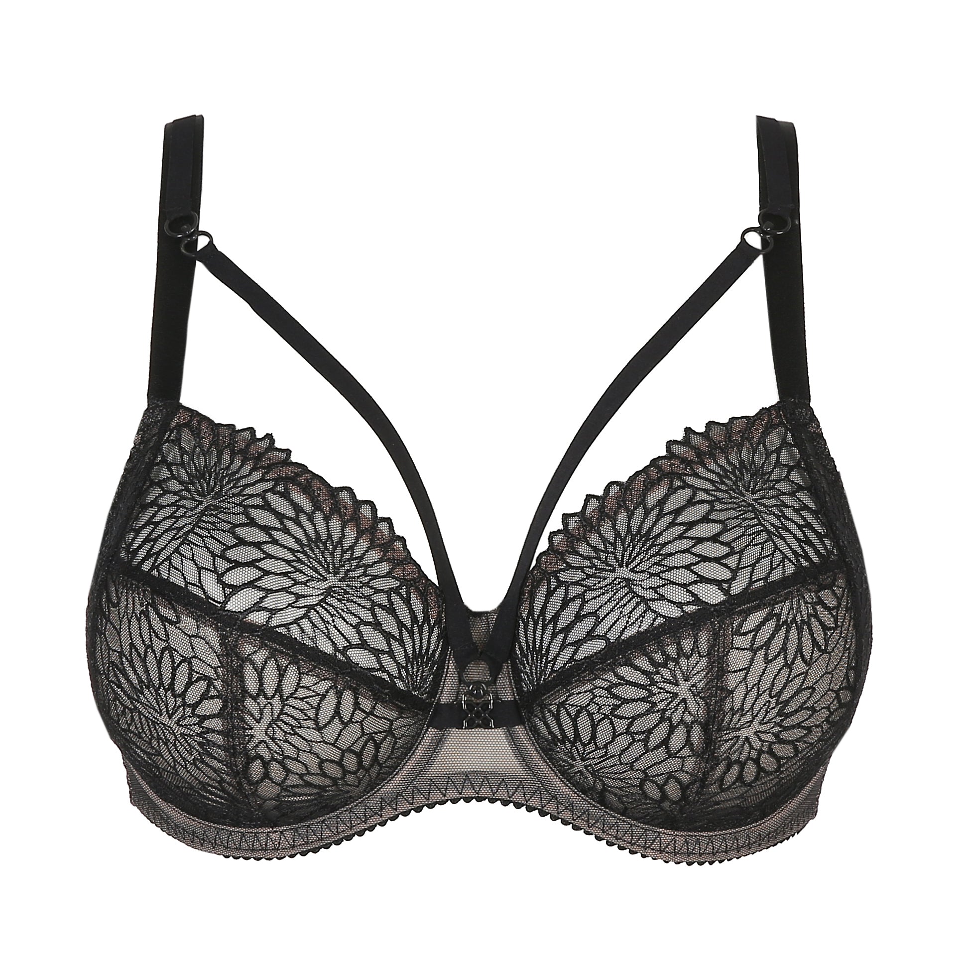 Black lace bra on a white background