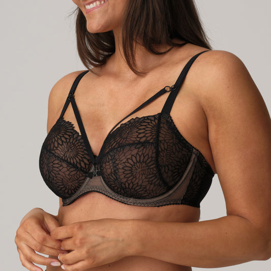 Black lace bra worn by a model on a plain background