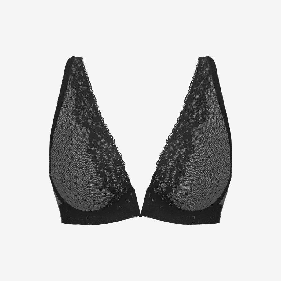 Black mesh and lace triangle bralette on a light gray background.