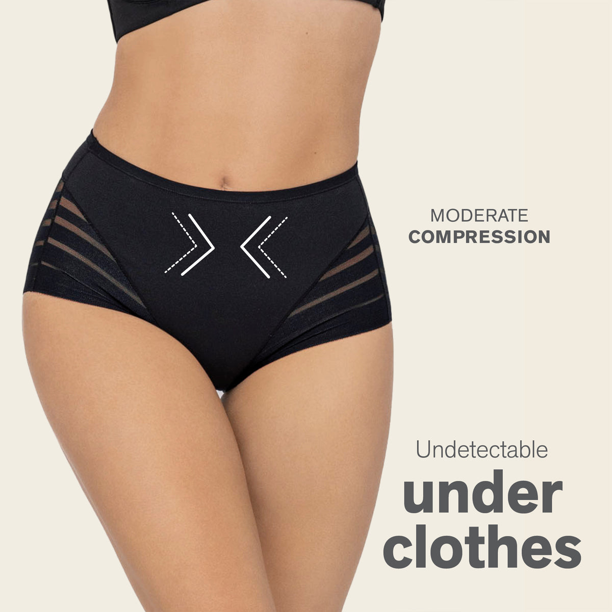 Black compression underwear with text on a beige background