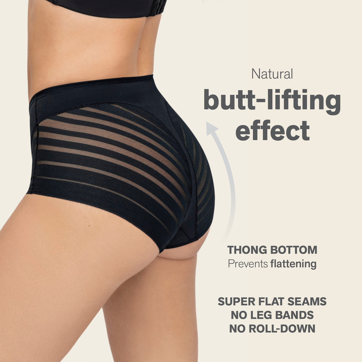 Black thong bottom with mesh panels on a beige background, highlighting 'natural butt-lifting effect' and product features.