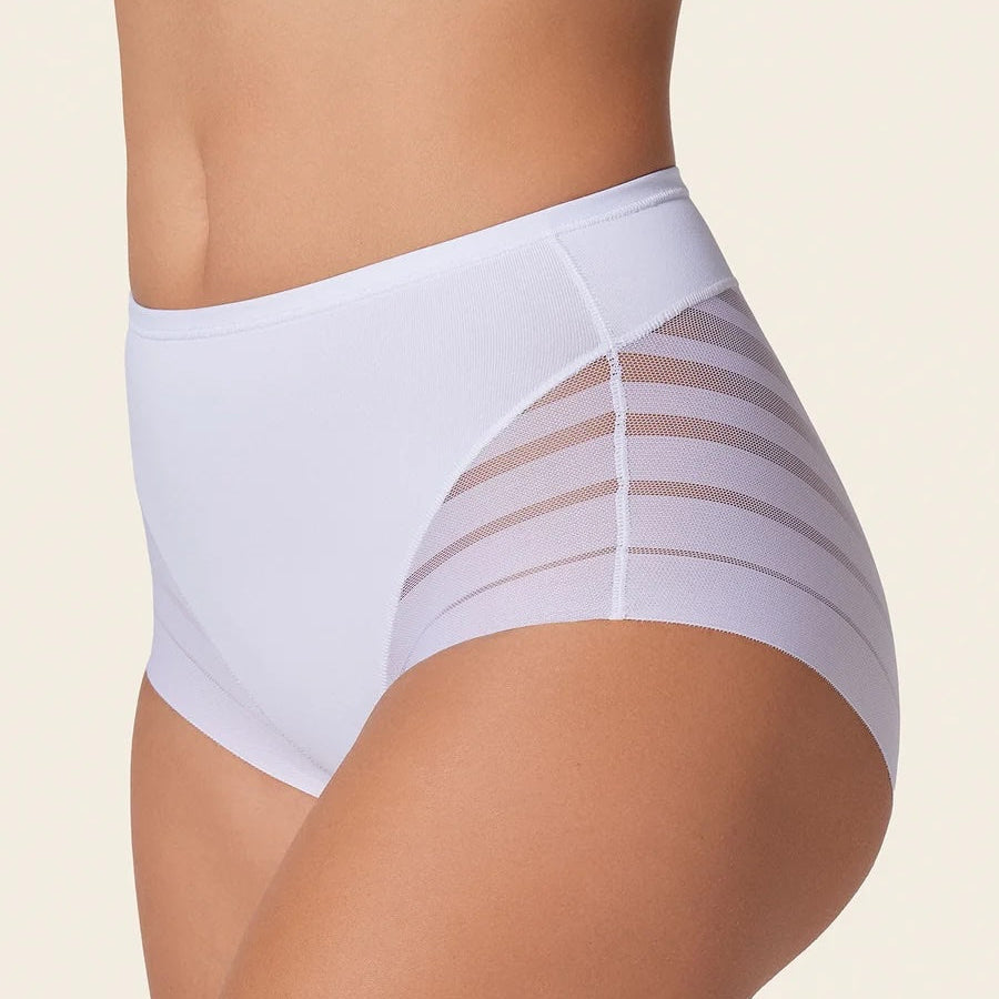 White underwear with mesh panels on a beige background