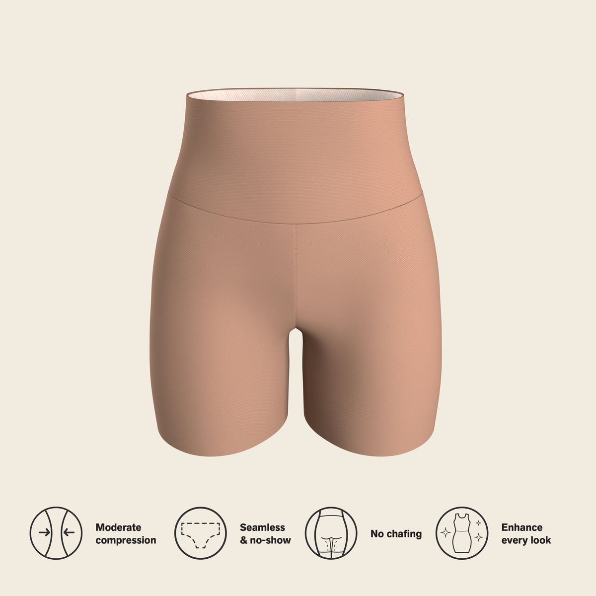 Beige athletic shorts on a beige background with feature icons below.
