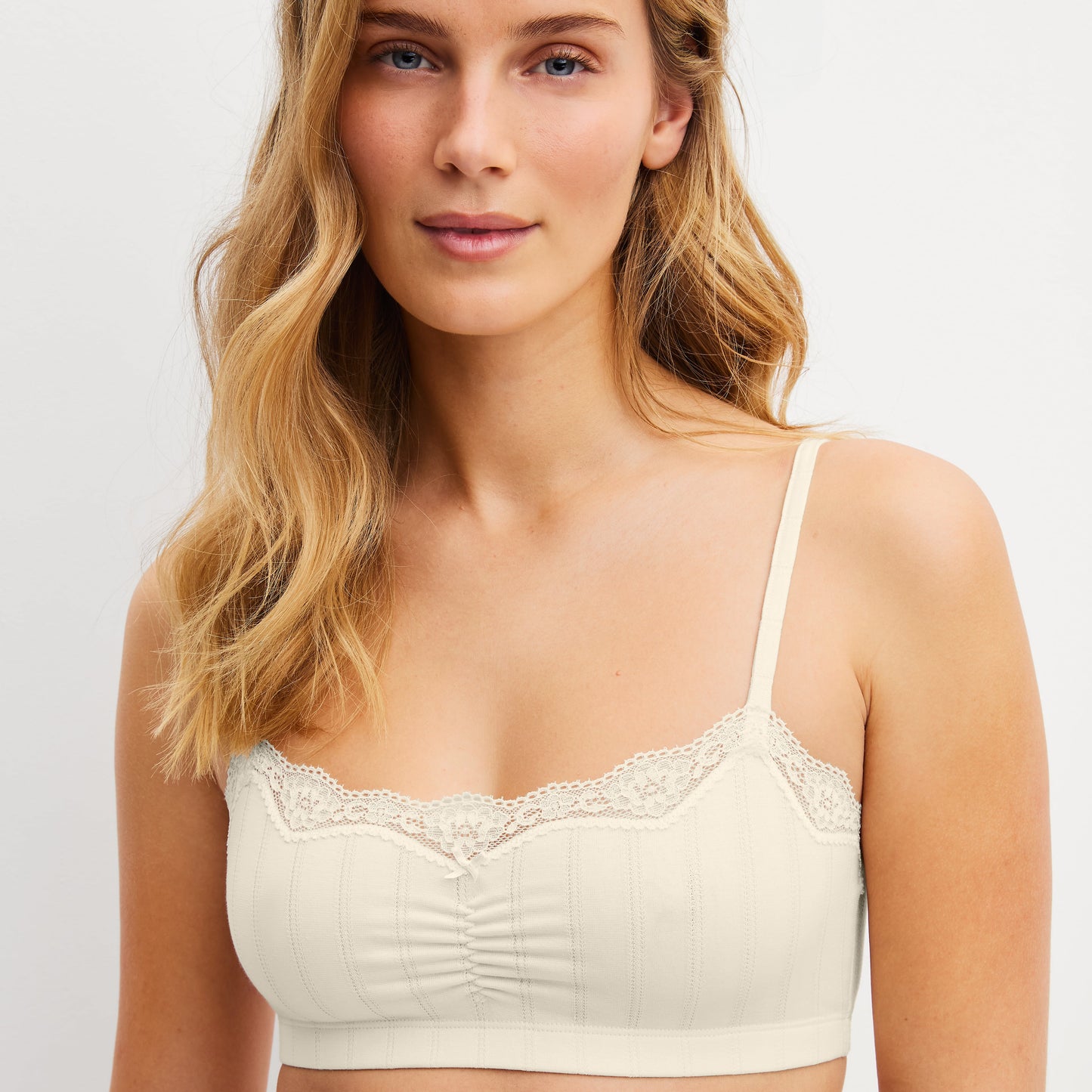 A woman with blonde hair wearing a cream-colored underwire bra with lace trim, photographed against a light gray studio background.