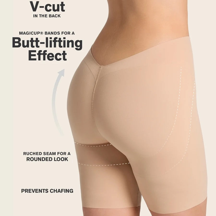 Beige shapewear with text highlighting features on a beige background