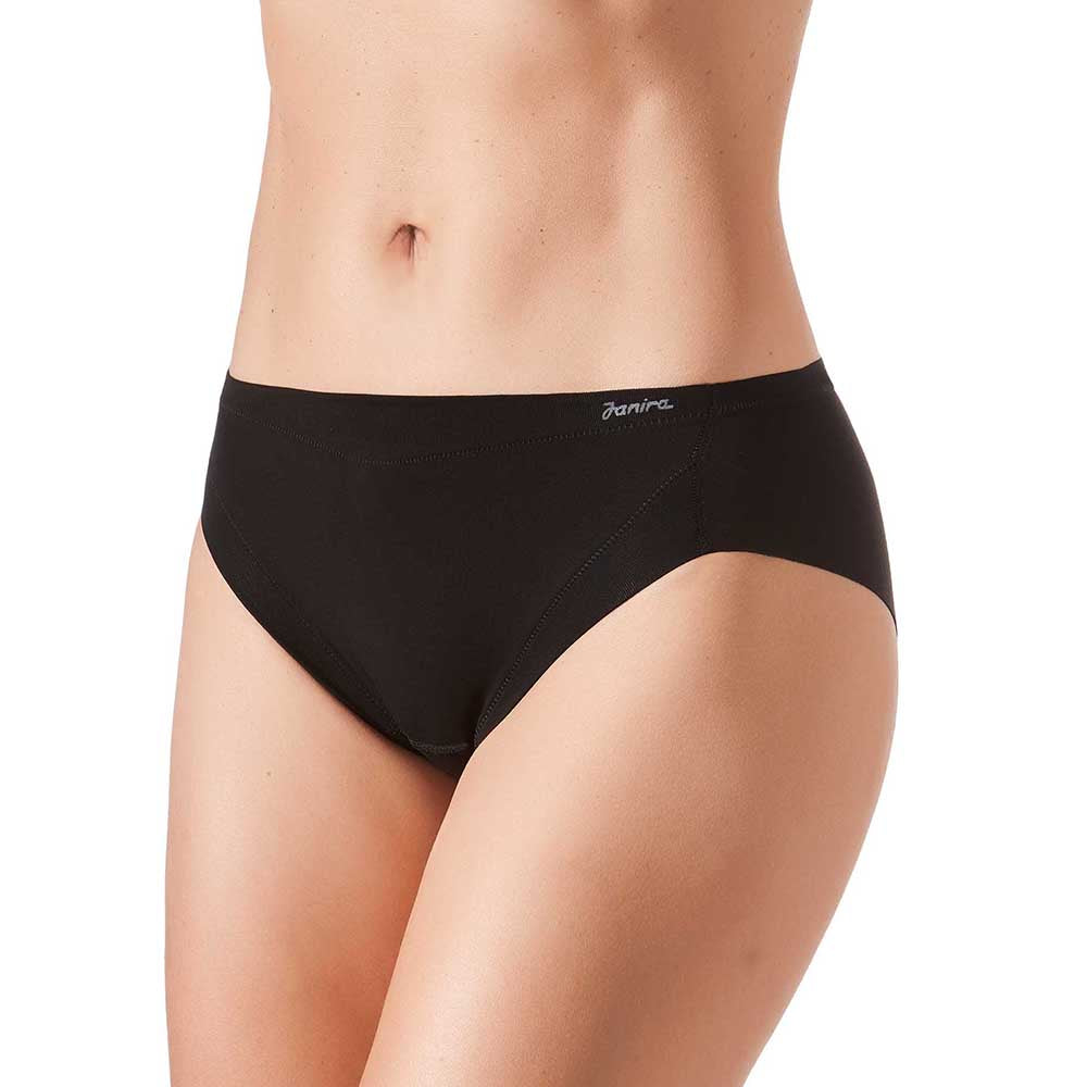 A pair of black cotton briefs on a model, showing the front view with the brand name visible on the waistband.