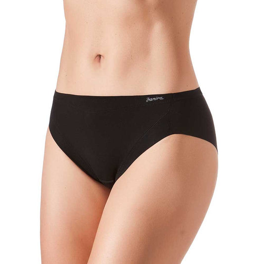 A pair of black cotton briefs on a model, showing the front view with the brand name visible on the waistband.