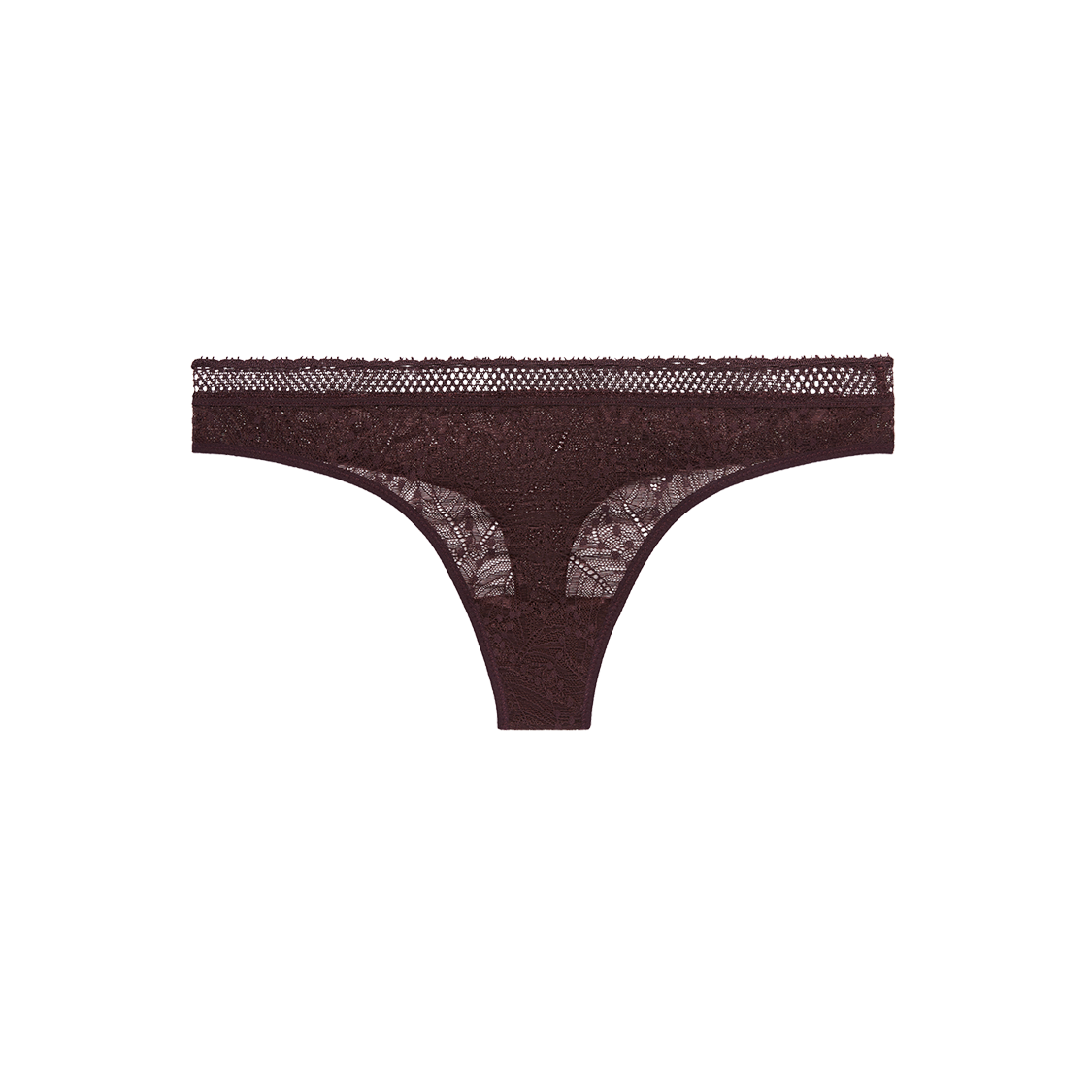 Brown thong with lace details on a white background