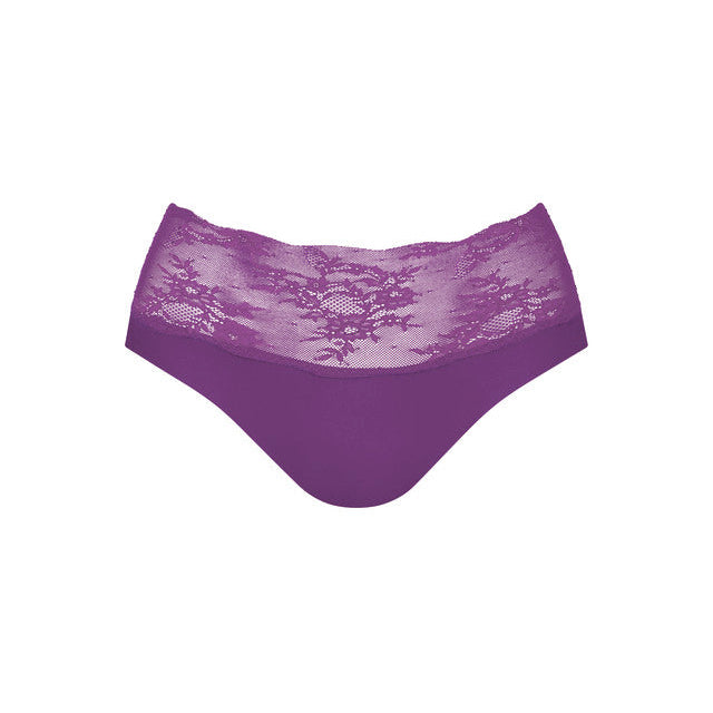 Purple lace and solid fabric bikini briefs on a plain white background.