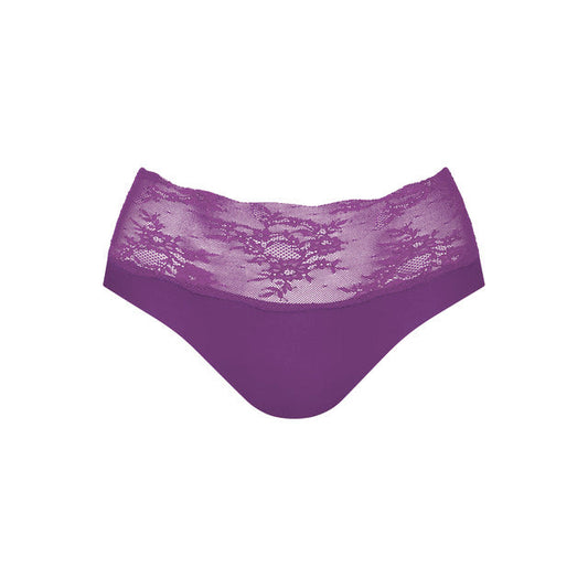 Purple lace and solid fabric bikini briefs on a plain white background.