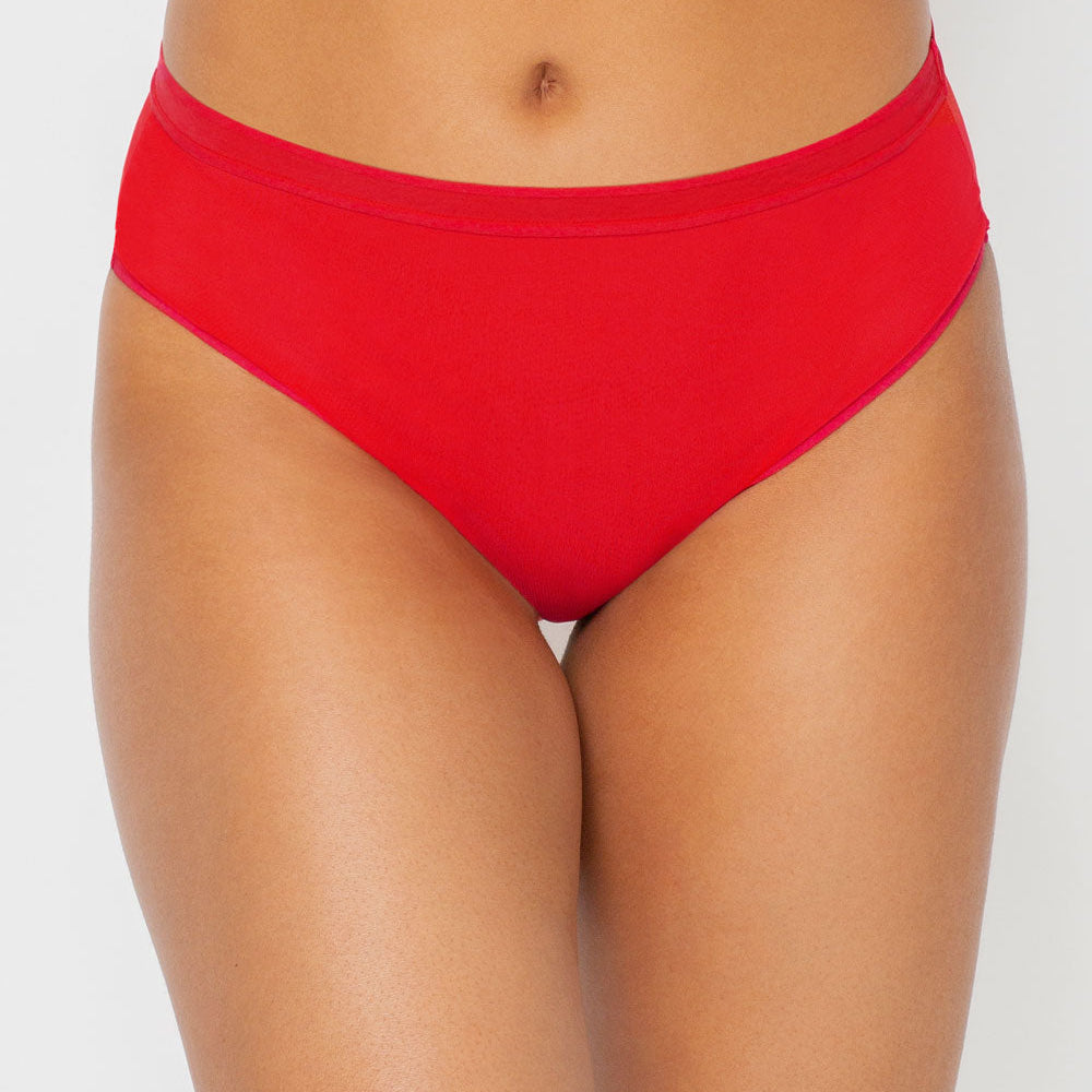 Red high-waisted bikini bottom on a plain background