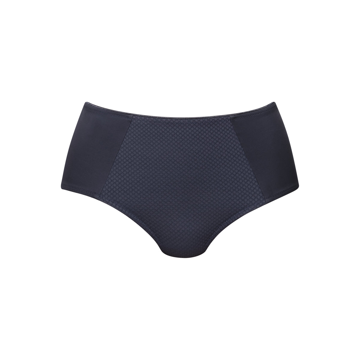 A pair of high-waisted navy blue bikini bottoms with a textured, perforated mesh pattern on the front panel and solid fabric on the side panels, shown against a plain white background.