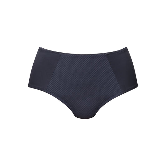 A pair of high-waisted navy blue bikini bottoms with a textured, perforated mesh pattern on the front panel and solid fabric on the side panels, shown against a plain white background.