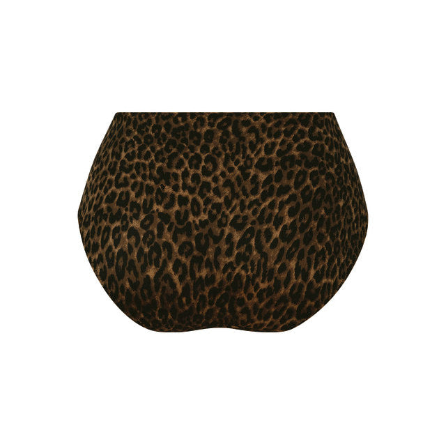A pair of high-waisted bikini bottoms featuring a classic leopard print pattern in brown and black, shown against a plain white background.