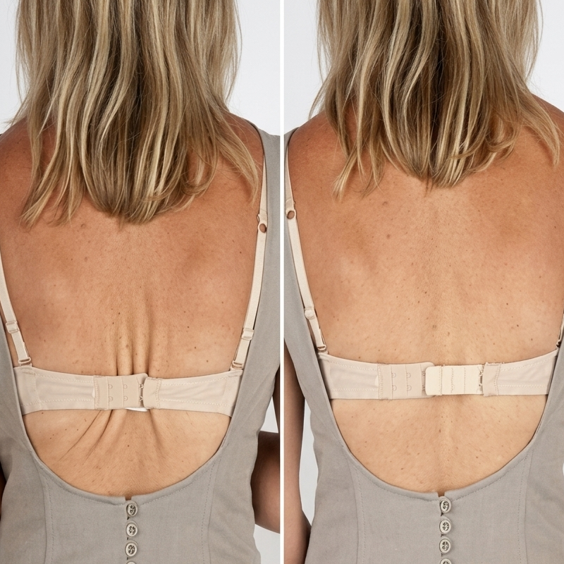 A side-by-side back view of a woman wearing a taupe-gray dress with a wide open back, beige shoulder straps, and a vertical row of decorative buttons down the center.