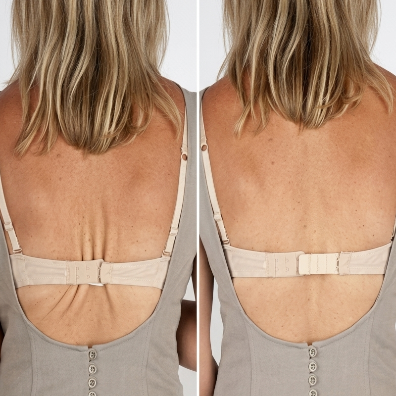 A side-by-side back view of a woman wearing a taupe-gray dress with a wide open back, beige shoulder straps, and a vertical row of decorative buttons down the center.
