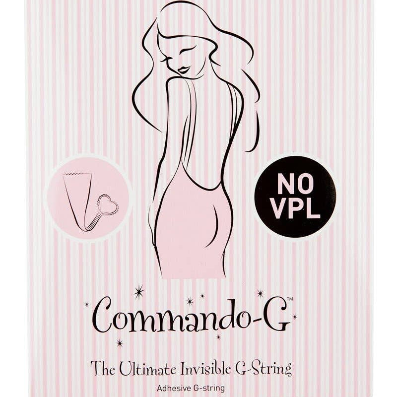 Packaging of Commando G Invisible G-String with illustration showing the product in use and text highlighting the features like 'Nude Colour' and 'NO VPL'.